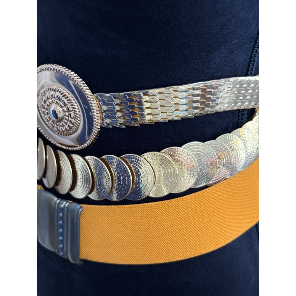 Vintage Gold Tone Metal Coin Scale Link and‎ Mustard Yellow Elastic Belt Set 3pc - Picture 3 of 16